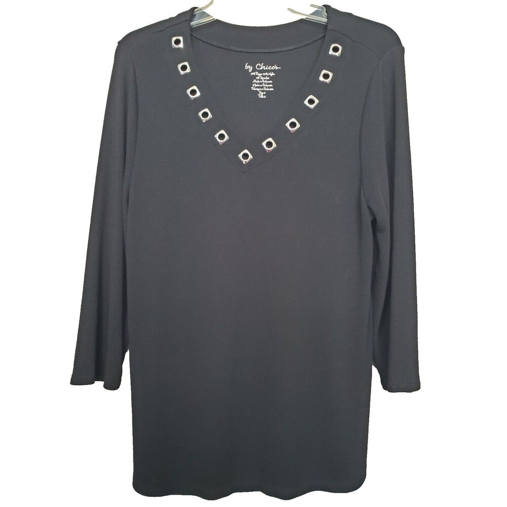 Chico's Black Ponte Knit V-Neck Grommet Detail 3/4 Sleeve Top Size 2 Large